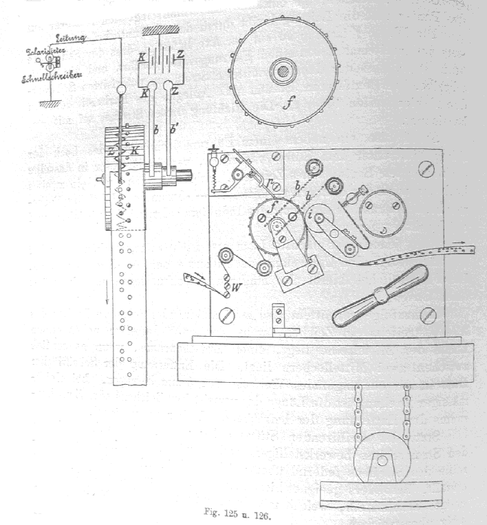 Apparat zur Abtelegraphirung der gelochten Streifen, Fig. 125, 126, klickbar (296 kByte)